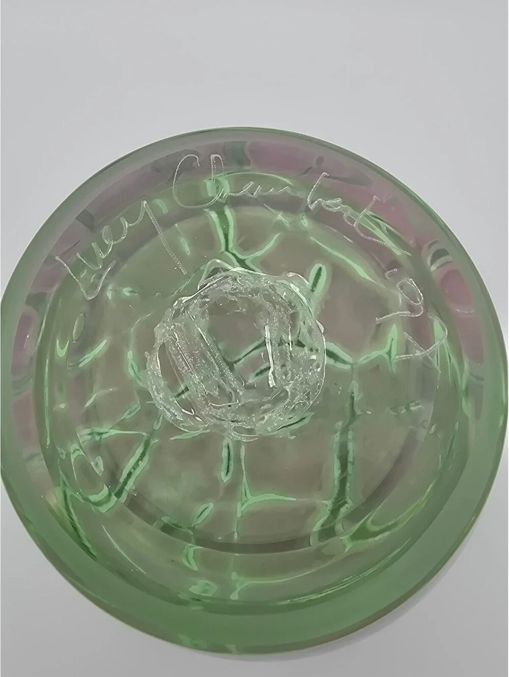 1997 Lucy Chamberlain Signed Ikora Art Glass Bowl Pink Green Studio Glass